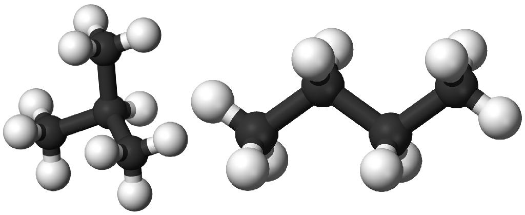 Schematic representation of butane (R600) and isobutane (R600a) molecules